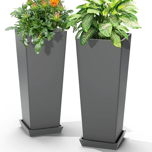 24-Inch Tall Planters Set of 2 for Outdoor and Indoor Use,Tapered Flower Pots with Drainage Tray, Front Porch and Patio Decor,Ideal for Large Plants, Grey