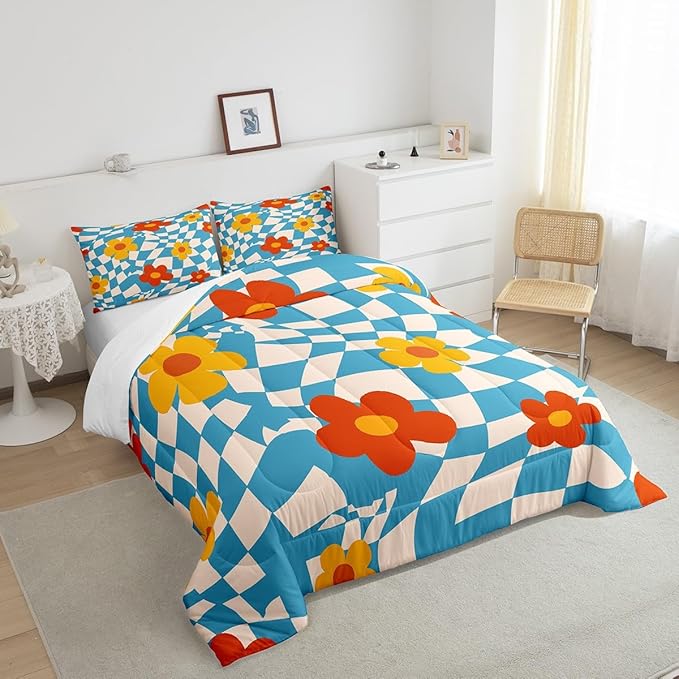 Castle Fairy Kids Vintage Groovy Daisy Flowers Bedding Set for Boys Girls,Abstract Blue Plaid All Season Cozy Comforter Set Home Decor,70s Hippie Floral Duvet Set for Chic Birthday Gift, Full Size