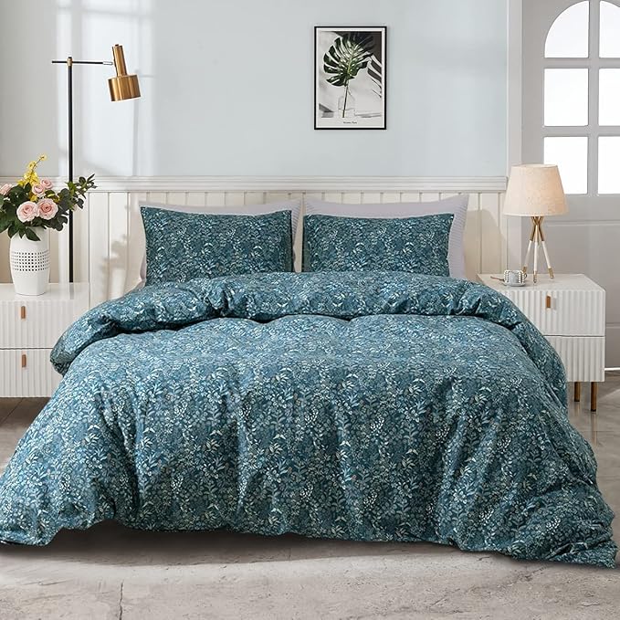 EAVD Garden Style Blue Floral Duvet Cover Twin XL Soft 100% Cotton Floral Botanical Bedding Set with 2 Pillowcases Vintage Style Floral Twin XL Duvet Cover with Zipper Closure