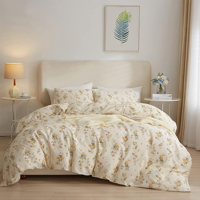 EAVD Chic Fresh Floral Duvet Cover Twin XL Soft Cotton Reversible Garden Yellow Floral Bedding Set with 2 Pillowcases Cottagecore Botanical Duvet Cover with Zipper Clsoure