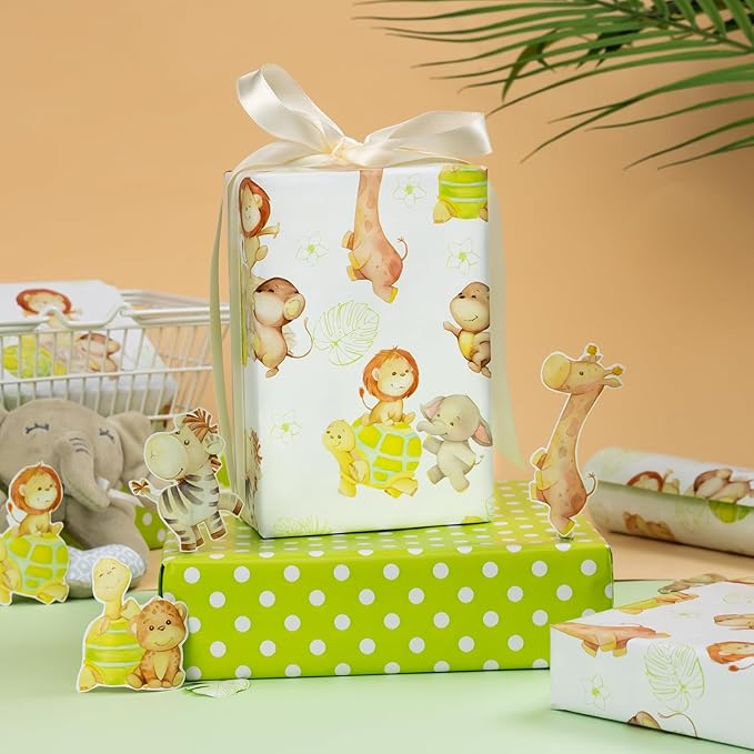 Homeral Baby Shower Jumbo Wrapping Paper Roll - Neutral Cute Safari Animals & Polka Dot Pattern, Reversible Green Newborn Gift Wrap for Baby Shower, 1st Birthday, Party - 30 Inch x 100 Feet