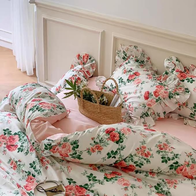 LifeTB Pink Floral Comforter Set King Vintage Pink Flower Leaves Botanical Coquette Bedding Comforter with 2 Pillowcases Romantic Ruffle Boho Comforter Floral King Bed Comforter Set for All Seasons