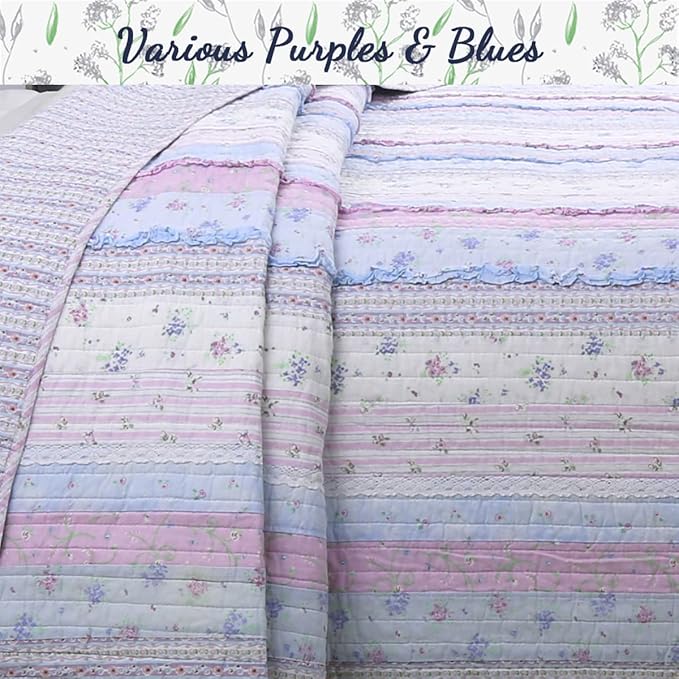 Cozy Line Home Fashions Raelynn Romantic Lace Light Lavender Orchid Blue Flower Print Stripe Cotton 3D Bedding Quilt Set, Reversible Coverlet, Bedspread for Girls Women (Lavender,King - 3 Piece)