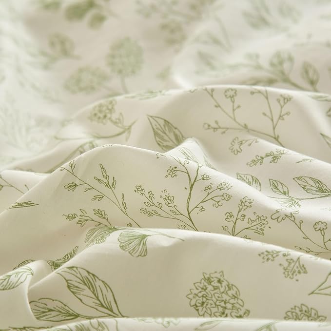 EAVD Reversible Botanical Floral Duvet Cover King Soft Cotton Chic Shabby Garden Green Floral Bedding Set with 2 Pillowcases Fresh Vintage Style Green Floral Comforter Cover with Zipper Closure