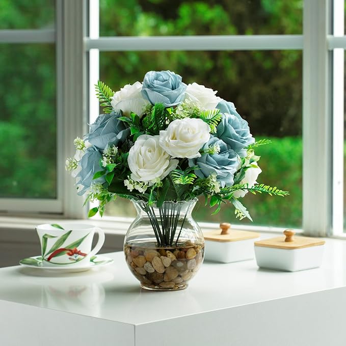 ENOVA FLORAL 18 Heads Silk Rose Artificial Flowers in Vase,Faux Rose Flowers Arrangement in Round Bowl Vase with Faux Water and River Rock for Table Decor Centerpieces (Blue Cream)