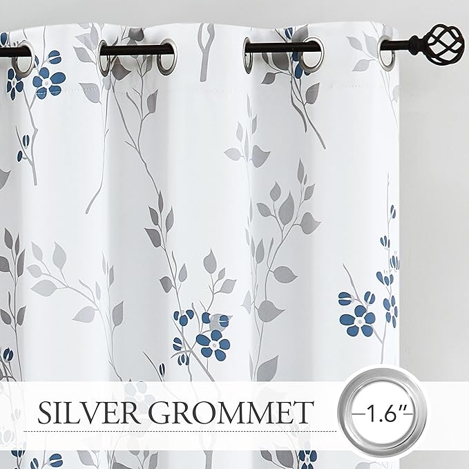 Beauoop Floral 100% Blackout Curtains 108 Inches Long 2 Panels for Bedroom Living Room Blue Grey and White Flower Patterned Room Darkening Thermal Soundproof Grommet Window Treatments Drapes, 52X108