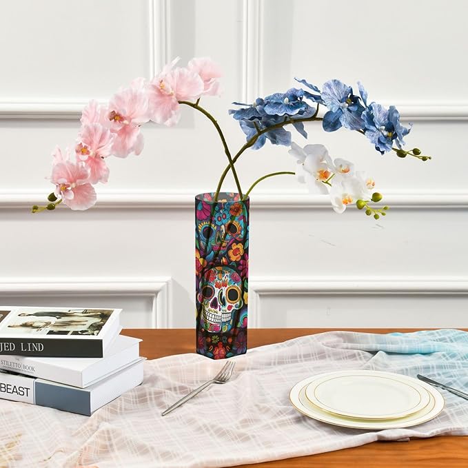 Flower Vase for Centerpieces, Day of The Dead Skull Flower Plastic Cylinder Vase, Clear Bud Vases for Home Wedding Office Table Decor