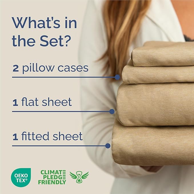 King Size 4 Piece Sheet Set - Comfy Breathable & Cooling Bed Sheets Set - Hotel Luxury Bedding for Women, Men, Kids, Teens, Boys & Girls - Deep Pockets, Soft & Wrinkle Free - Tan (Heathered Sheets)