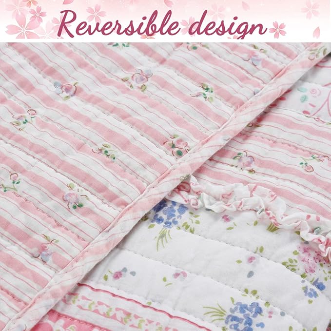 Cozy Line Home Fashions Shabby Chic Pink Flower Lace Ruffle Stripe 100% Cotton Reversible Quilt Bedding Set, Coverlet, Bedspread (Pink, Twin -3 Piece: 1 Quilt + 1 Sham + 1 Décor Pillow)