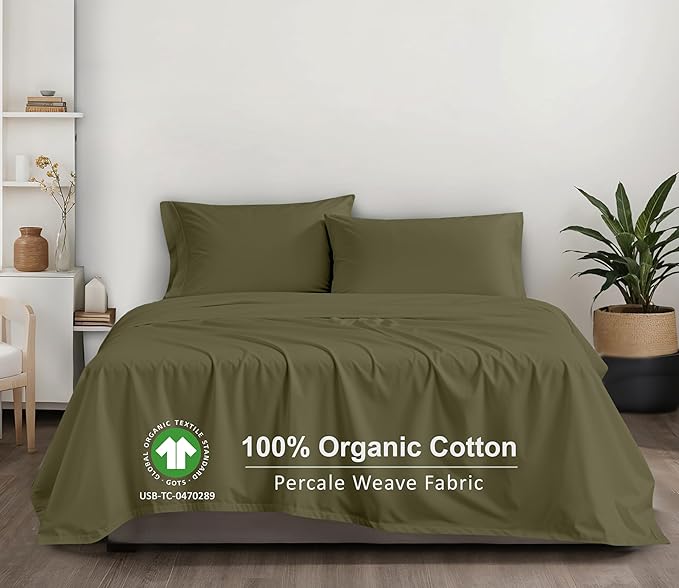 RUVANTI 100% Organic Cotton Sheets Twin Size, Percale Weave, GOTS Certified, 3-Piece Set, Deep Pocket 15", Crisp & Breathable, Soft Durable Bedding, Sábanas Algodón Orgánico – Olive