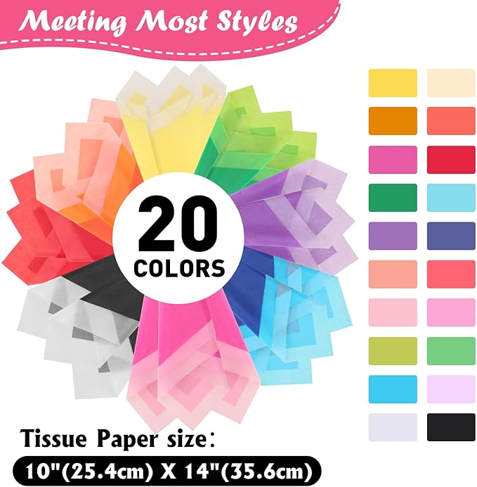 400 Sheets Tissue Paper, 20 Colors 10" X 14" Tissue Papers for Gift Bags Birthday Party Flower Decoration, Colored Tissue Paper Bulk for Packaging