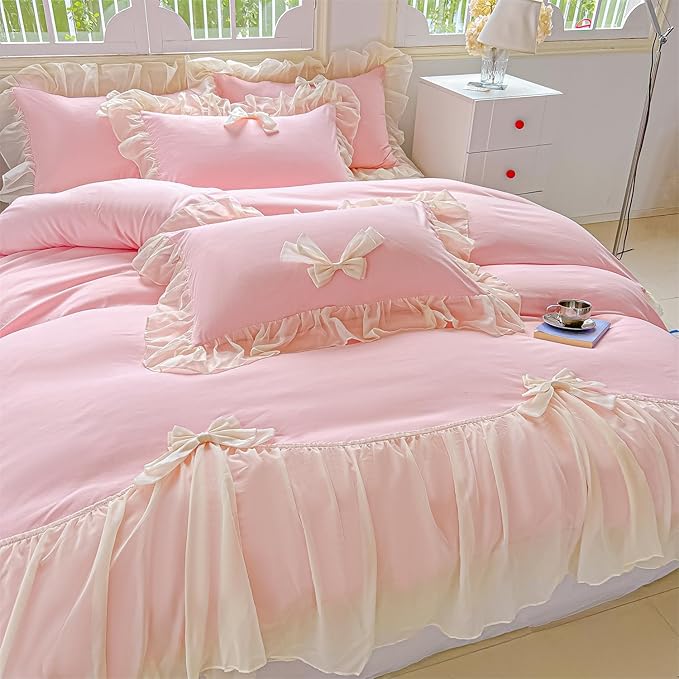 Girls Lace Bedding,Queen Comforter Cover Set, Chic Ruffled Duvet Cover with Lovely Bow,Princess Style 1 Duvet Cover with 2 Pillowcases, No Comforter-Pink,Queen Size