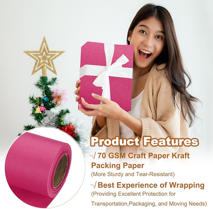 PATIKIL Wrapping Paper, 15" x 300"(25') 70 GSM Craft Paper Roll Kraft Packing Paper for Poster Bulletin Board, Gift Wrapping, Dark Pink