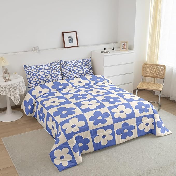 Castle Fairy Kids Cute Flowers Plaid Twin Size Comforter Set,Blue and Cream Floral Checked Duvet Set for Kids Boys Bedroom,Fashion Geometric Style Soft Microfiber Bedding Comforters,2 Pcs
