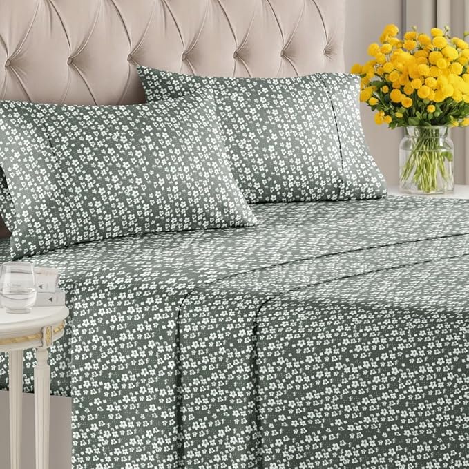 Floral Sheets - Green Floral Bed Sheet Set - 1 Flat, 1 Fitted & 2 Pillowcases w/ Deep Pockets - Comfy, Wrinkle & Fade Free - Boho Botanical Bedding - Ultra-Soft, Breathable & Cooling - Queen Size Set