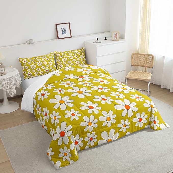 Hippie Flowers Bedding Comforters Queen Size,70s Retro Floral Comforter Set with 2 Pillowcases,Groovy Cartoon White Daisy 3pcs Children Adult Duvet Set,Soft