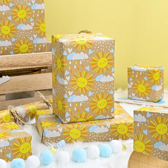 MAYPLUSS Kraft Baby Shower Wrapping Paper, Recyclable Sunshine, Cloud & Heart Design Baby Gift Wrap Paper for Children Birthday, Party, Holiday, Cute Wrapping Paper Mini Roll (17 Inch X 16.5 Feet)