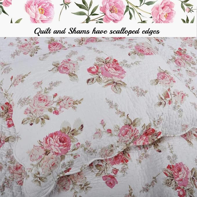 Cozy Line Home Fashions Romantic Pink Peony Floral 100% Cotton Reversible Quilt Bedding Set, Coverlet, Bedspread (Pink Peony, King - 3 Piece)