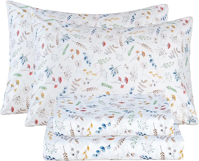 Bedlifes King Sheet Set Ultra Soft, Breathable, Silky Flower Deep Pocket 100% Microfiber Bedding, 4 Piece King Size White Floral