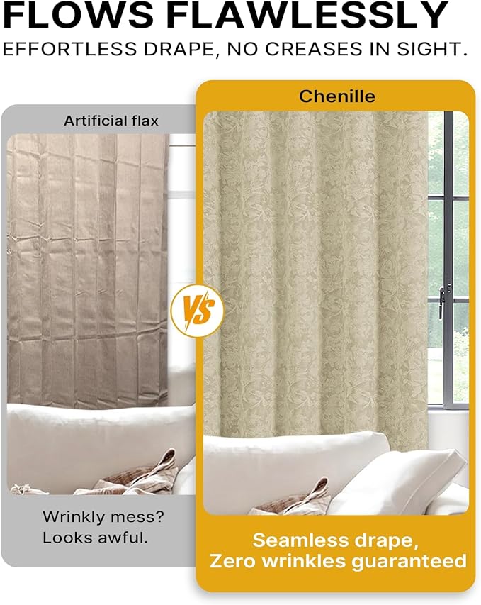 Chenille Floral Blackout Curtains 90 Inch Length 2 Panels Set - Bedroom Living Room Darkening Thermal Insulated Black Out Window Treatments Grommet Jacquard Drapes 52 Inch Wide Beige