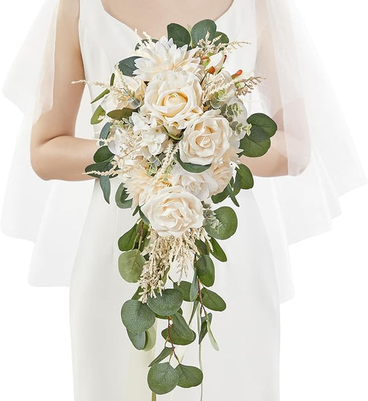 Serwalin 9.8in Wedding Bouquets for Bride, Boho Champagne Roses & Dahlia Flowers for Wedding Decoration