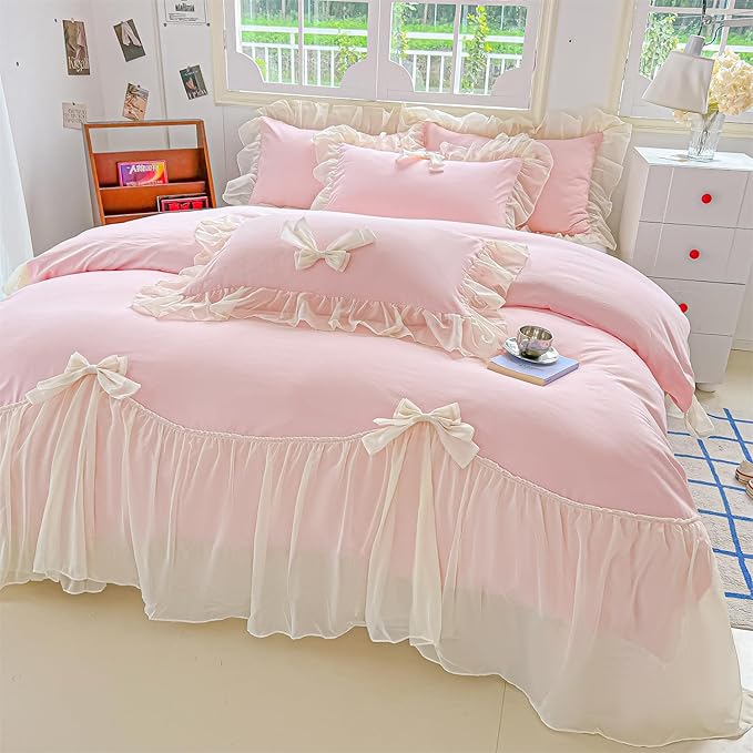 Chic Lace Bedding,Girls Twin Aesthetic Comforter Cover Set,Romantic French Princess Style Ruffled Duvet Cover with Lovely Bow with Zipper Closure-Pink,Twin Size