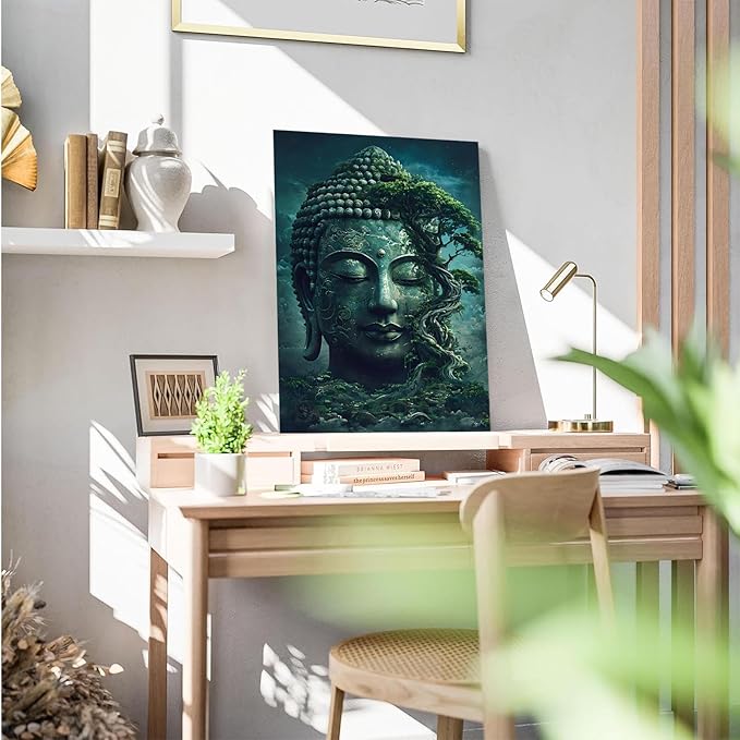 Buddha statue wall art canvas wall decor aesthetic picture mystical nature art for tranquil home and spiritual space 12x18in Wood Framed