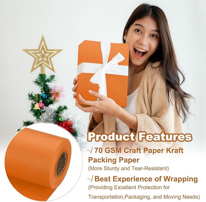 PATIKIL Wrapping Paper, 20" x 600"(49') 70 GSM Craft Paper Roll Kraft Packing Paper for Poster Bulletin Board, Gift Wrapping, Orange