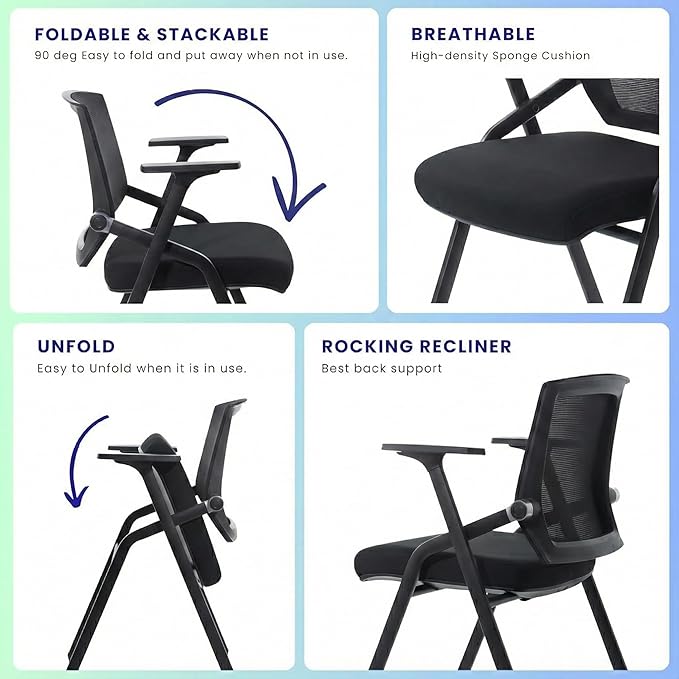 6 Pack Stackable Conference Room Chairs with Paddle Folding Office Chair Foldable Desk Chair Mesh Back and Arms for Conference Meeting Guest Reception Home Office Training Room Chair Black