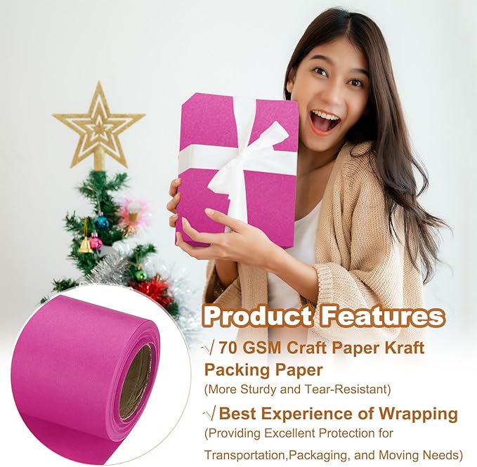 PATIKIL Wrapping Paper, 12" x 300"(25') 70 GSM Craft Paper Roll Kraft Packing Paper for Poster Bulletin Board, Gift Wrapping, Rose Pink