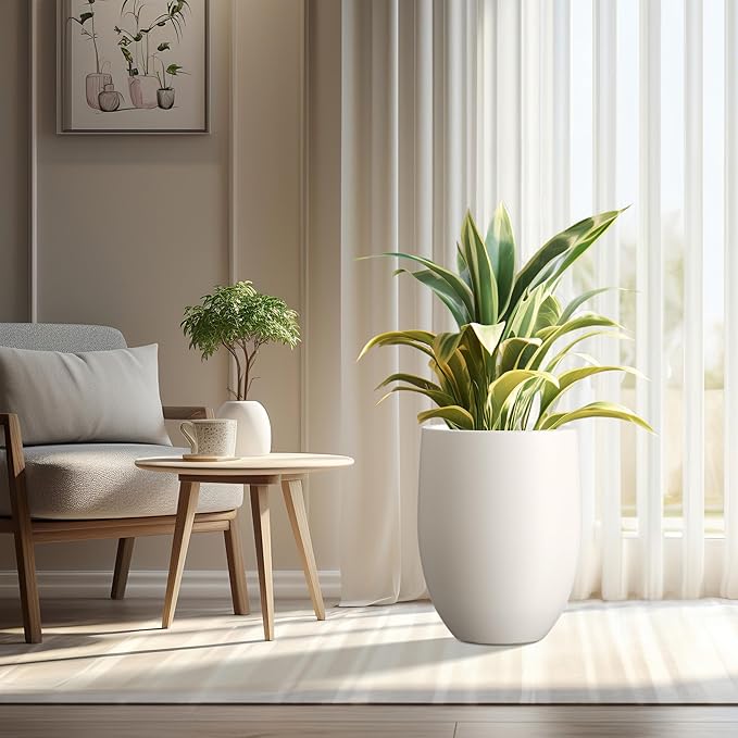 Kante 21.7" H Pure White Concrete Tall Planter, Large Outdoor Indoor Decorative Pot with Drainage Hole and Rubber Plug, Modern Round Style for Home and Patio
