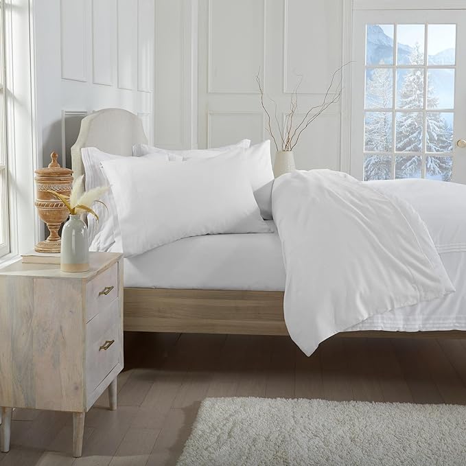 Market & Place 100% Cotton Full Flannel Sheet Set | 4 Piece Deep Pocket Solid Cozy Winter Bed Sheets | Double Brushed for Extra Softness & Comfort | Chalet Collection (Full, White)
