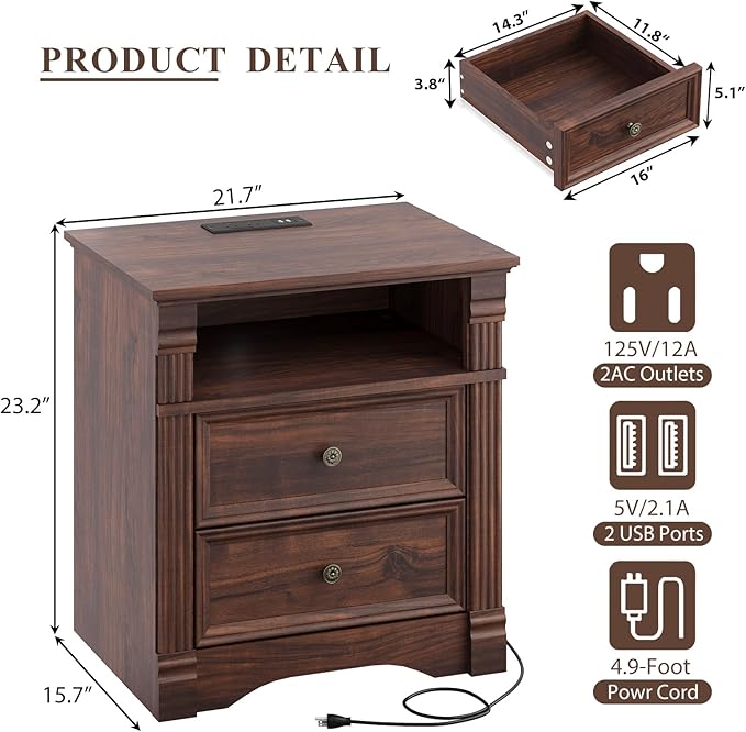 Walnut Nightstand Set of 2 with Charging Station, Farmhouse End Table with 2 Drawers and Open Shelf, Wooden Bedside Table with Metal Handles, Vintage Design, Organizer for Bedroom, Hallway