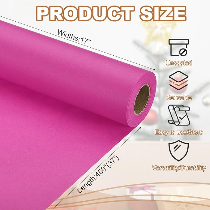 PATIKIL Wrapping Paper, 17" x 450"(37') 70 GSM Craft Paper Roll Kraft Packing Paper for Poster Bulletin Board, Gift Wrapping, Rose Pink