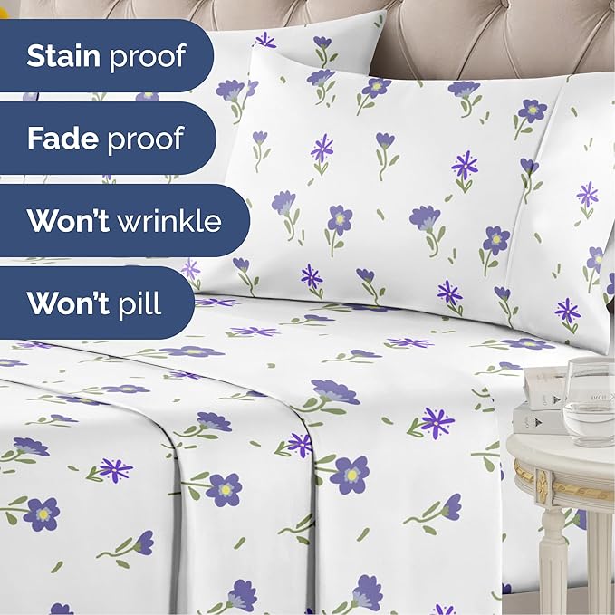 Floral Sheets - Purple Floral Bed Sheet Set - 1 Flat, 1 Fitted & 2 Pillowcases w/ Deep Pockets - Comfy, Wrinkle & Fade Free - Boho Botanical Bedding - Ultra-Soft, Breathable & Cooling - Full Size Set