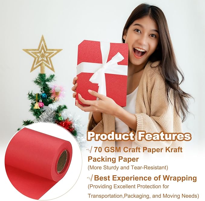 PATIKIL Wrapping Paper, 12" x 394"(33') 70 GSM Craft Paper Roll Kraft Packing Paper for Poster Bulletin Board, Gift Wrapping, Bright Red