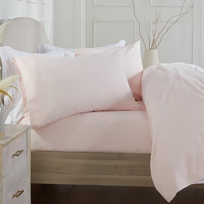 Market & Place 100% Turkish Cotton Flannel Sheet Set | 3 Piece Deep Pocket Solid Cozy Winter Bed Sheets | Double Brushed for Extra Softness & Comfort | Chalet Collection (Twin, Blush Pink)