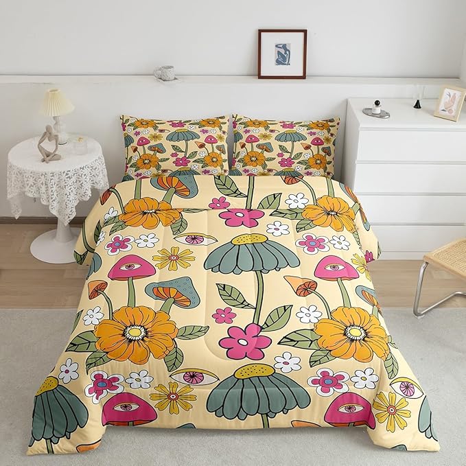 Castle Fairy 70s Retro Floral Twin Size Comforter Set,Hippie Flowers Leaves Duvet Set for Kids Boys Bedroom,Cartoon Eyes Mushroom Soft Microfiber Bedding Comforters,2 Pcs
