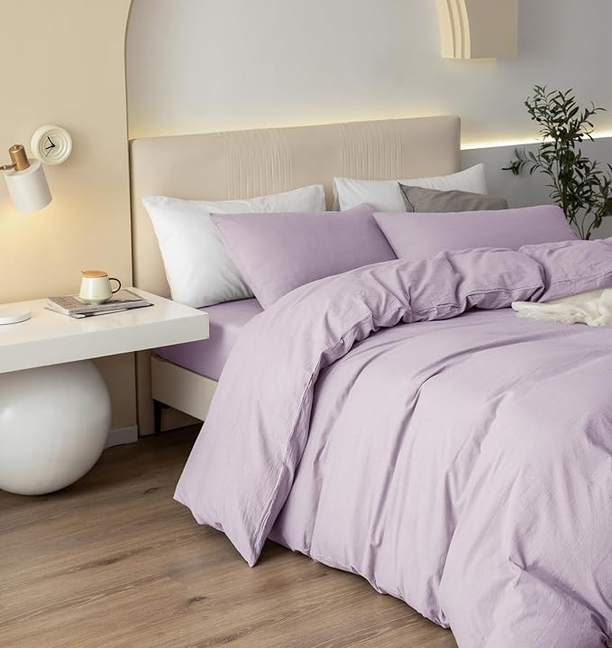 JIYUAN 100% Washed Cotton Duvet Cover Set 3 Pieces Oversized Queen, 1 Duvet Cover 98x98 Inches(Comforter Not Included) and 2 Pillowcases,Linen Like Comfy and Breathable,Heathered Light Purple