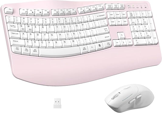 Ergonomic Wireless Keyboard and Mouse Combo, Wave Keys Keyboard with Wrist Rest for Natural Typing, 3 DPI Adjustable Ergonomic Silent Mouse for Computer/Laptop/Windows/Mac (Pink)