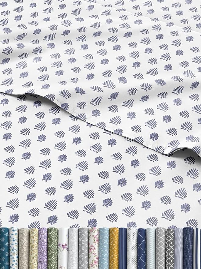 Coastal Bed Sheets - 1 Flat & 1 Fitted Sheet & 1 Pillowcase w/ Deep Pockets - Cozy, Wrinkle & Fade Free Beach Themed Bed Set - Blue Sea Shell Bedding - Ultra-Soft, Breathable & Cooling - Twin Size