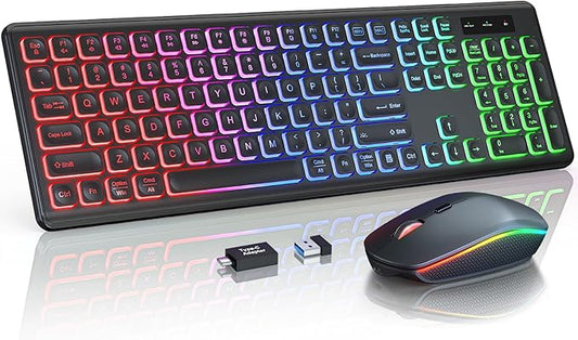 Wireless Keyboard and Mouse Combo, RGB Backlit, Rechargeable & Light Up Letters, Full-Size, Soft Typing, Sleep Mode, 2.4GHz Quiet Keyboard Set for Mac, Windows, Laptop, PC, Trueque (Black)