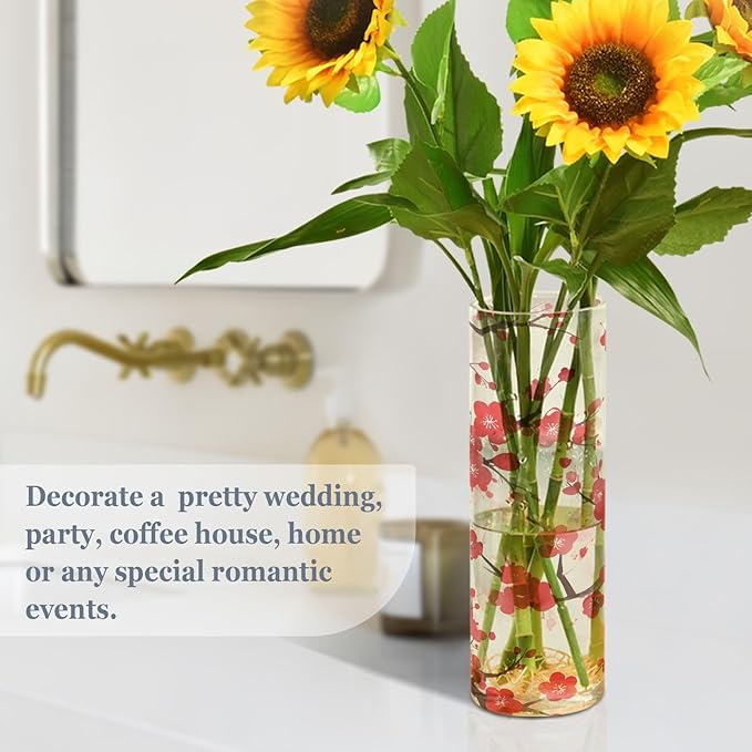 Flower Vase for Centerpieces, Plum Blossoms Flower Red Plastic Cylinder Vase, Clear Bud Vases for Home Wedding Office Table Decor