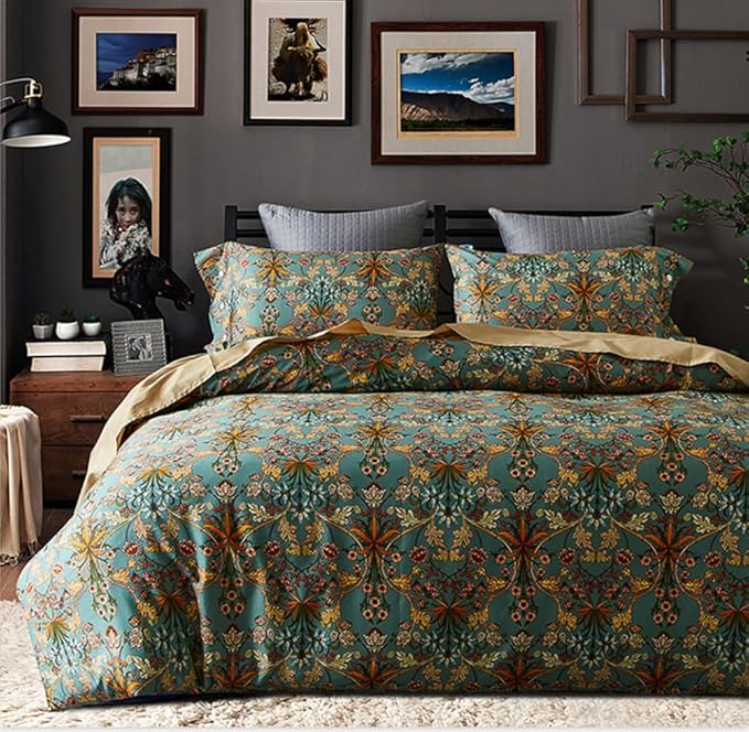 VM VOUGEMARKET Gold Flower Comforter Set Twin XL,Aesthetic Boho Bedding Set Royal Sage Green Floral Comforter with 2 Pillowcases