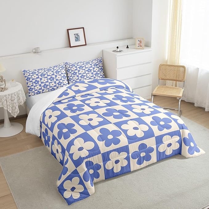 Castle Fairy Kids Cute Flowers Plaid Comforter Set Full Size,Blue and Cream Floral Checked Bedding Comforters for Girls Teens,Fashion Geometric Style Down Comforter with 2 Pillowcases,Chic