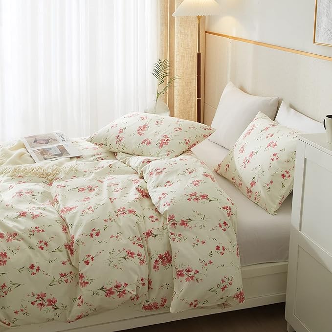 VM VOUGEMARKET Pink Floral Comforter Set Twin XL Cream Bedding Comforter for Teen Girls Women All Season Garden Flower Comforter Set