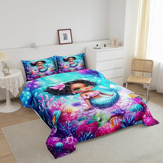 Cute Mermaid Comforter Set Twin Size,Reversible Cute Girl Fish Scale Print Black Bedding Set for Kids Boys Men,African Style Cartoon Fairy Tale Theme Quilted Duvet Set with 1 Pillowcase