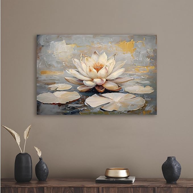 Ethereal white lotus floating on Crystal Waters poster vintage oil painting printwall art soft blush and gold accents serene home and office decor dreamy 28x40in Wood Framed