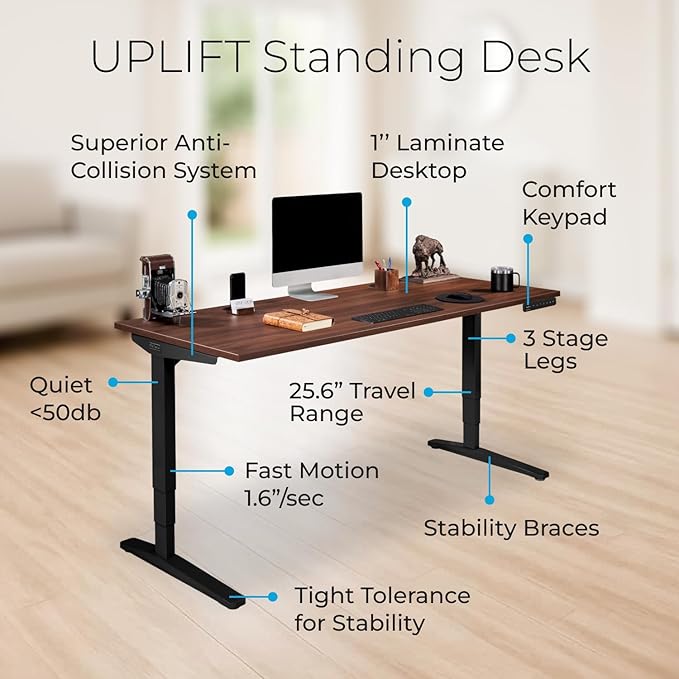 UPLIFTDESK V2 2-Leg Maple Laminate Wood Standing Desk – Adjustable Height, Advanced 1-Touch Memory Keypad, Under Desk Cable Management, Wire Grommets & Rocker Board (Black C-Frame, 48 x 30 inch)