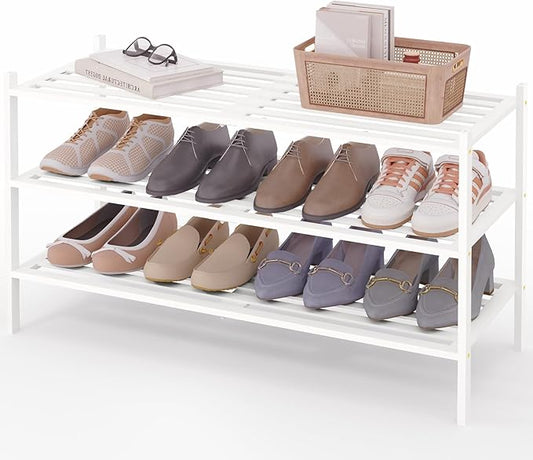 Smiry Long Bamboo Shoe Rack 3-Tier, Stackable Wooden Shoe Organizer for Entryway & Closet, Free Standing Wood Shoe Storage Shelf for Front Door & Small Spaces, White